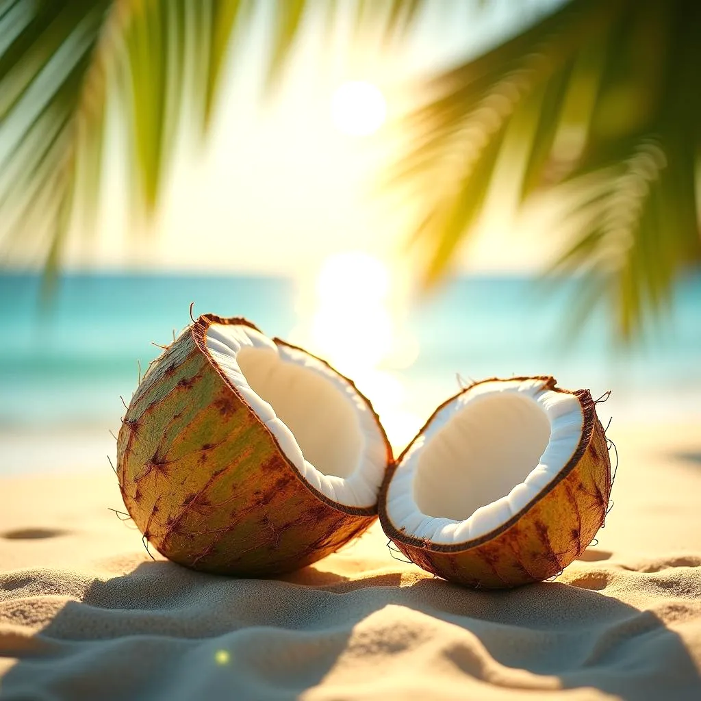 Coconut halves on the beach